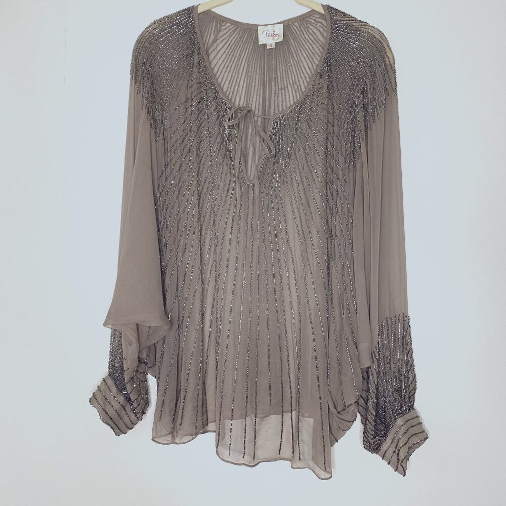 PARKER Taupe Colored Sequined Sheer Blouse Size SMALL